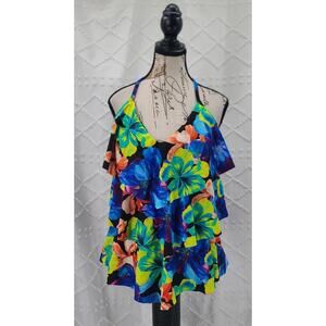 St. John’s Bay Ruffle floral Tankini Top Sz 16 NWT Black Floral Vacation Beachy